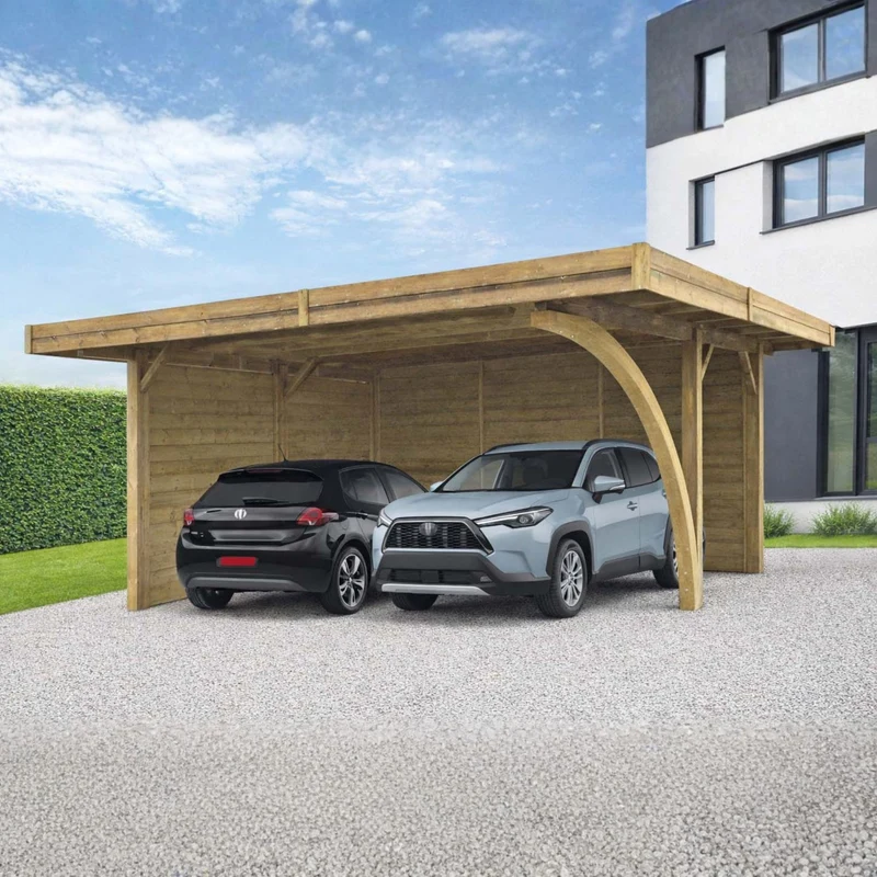 Carport en bois 5 x 6 m – Sapin du Nord traité – Toit plat métal – Abri voiture spacieux et durable