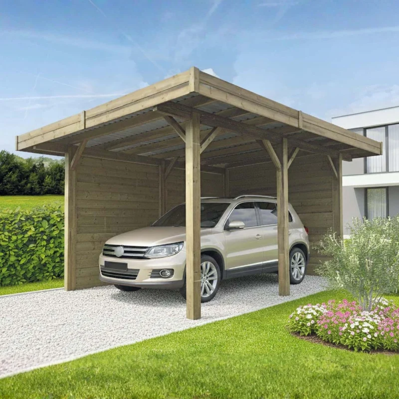 Carport en bois fermé 4 x 5 m – Sapin du Nord traité – Toit plat métal – Protection complète et durable