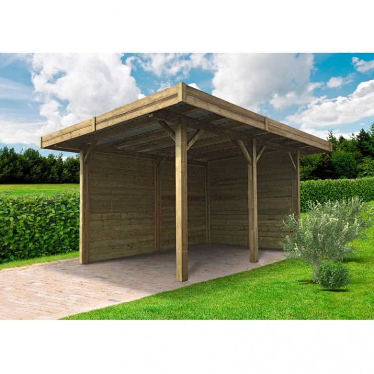 Carport en bois fermé 4 x 5 m – Sapin du Nord traité – Toit plat métal – Protection complète et durable