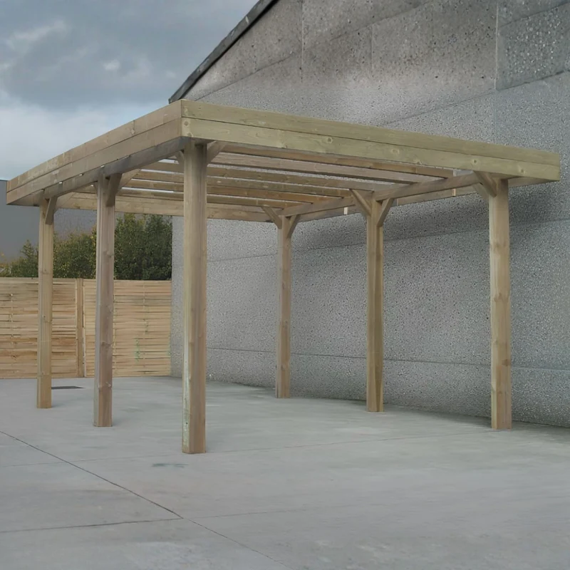 Carport en bois haut 5 x 5 m – Sapin du Nord traité – Idéal camping-car ou fourgon – Toit plat robuste