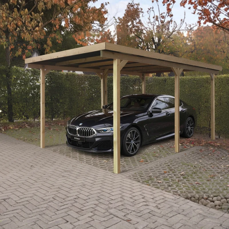 Carport en bois 3 x 5 m – Sapin du Nord traité – Toit plat PVC – Protection toutes saisons