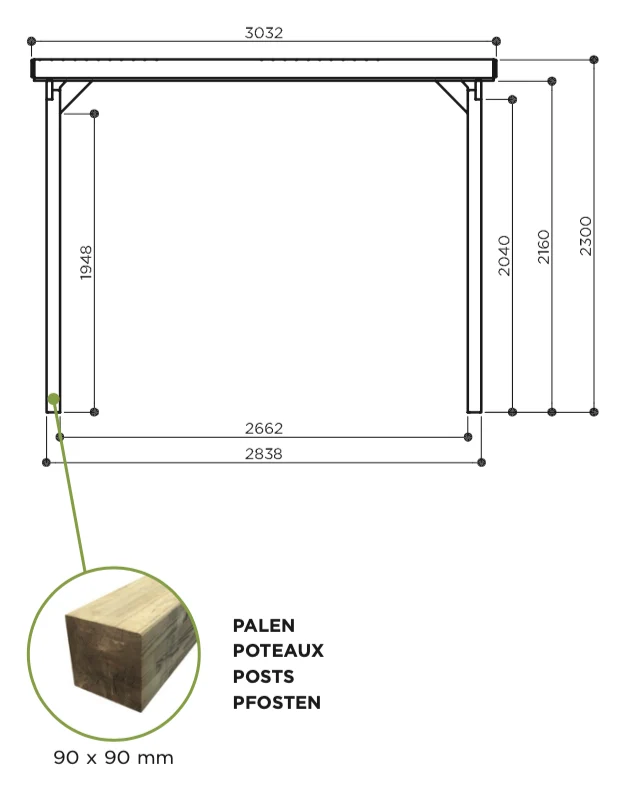 Carport en bois 3 x 5 m – Sapin du Nord traité – Toit plat PVC – Protection toutes saisons