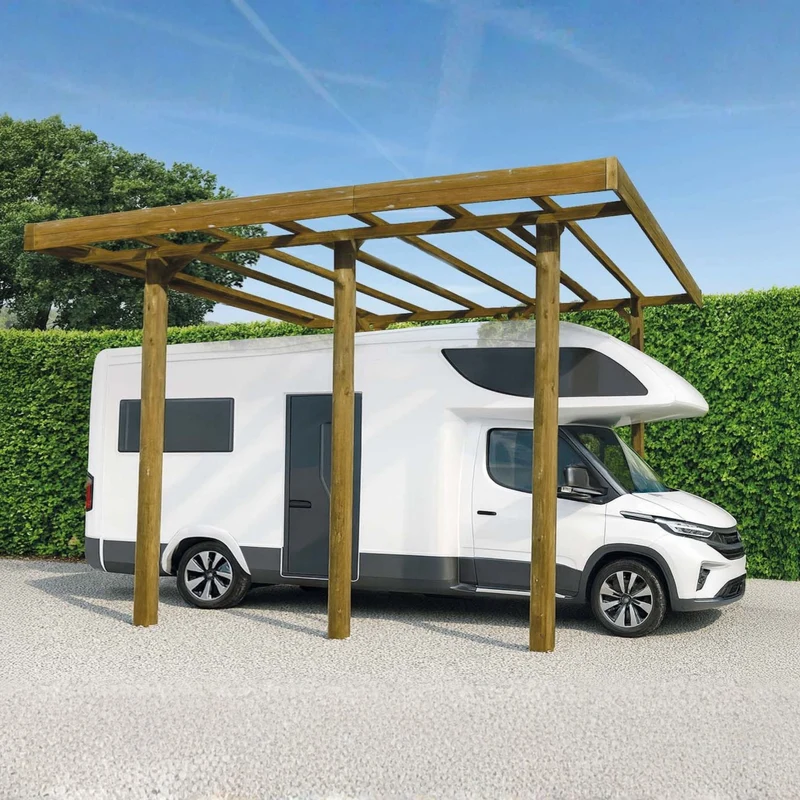 Carport en bois haut 4 x 5 m – Sapin du Nord traité – Idéal camping-car ou fourgon – Toit plat robuste