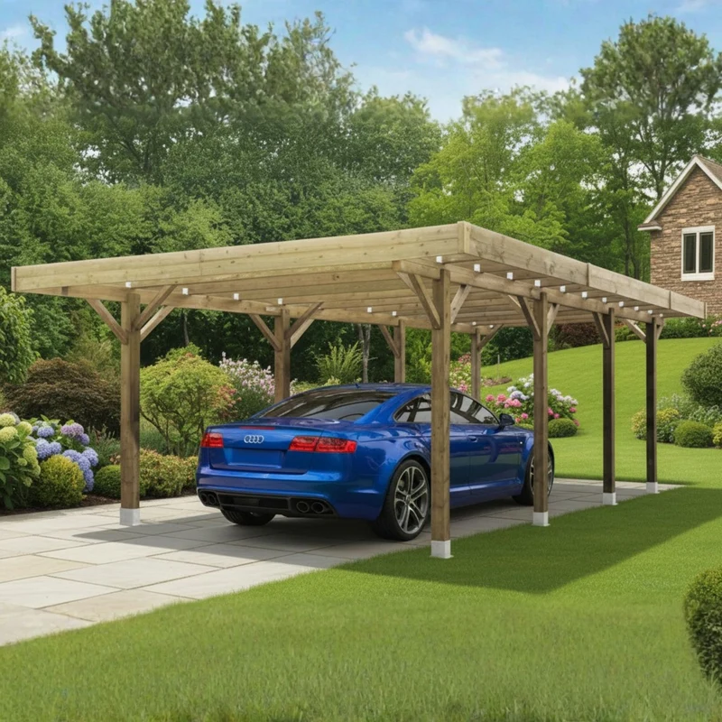 Carport en bois 6 x 5 m – Sapin du Nord traité – Toit plat robuste – Spacieux et durable