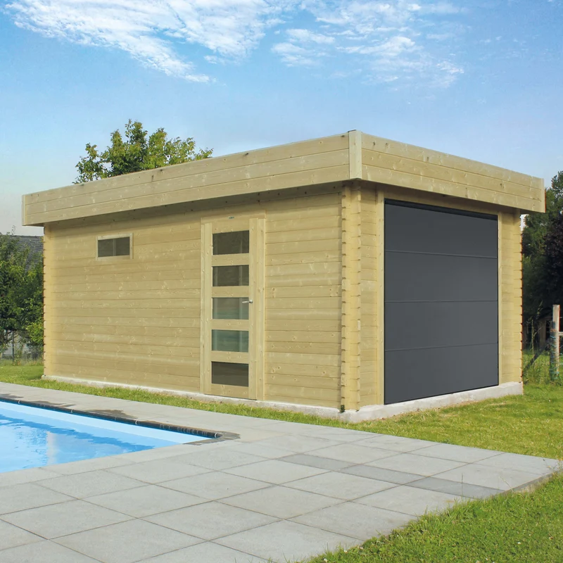 Garage en bois 17 m² – Porte motorisée – Toit plat – Sapin du Nord 40 mm – Montage facile - Bois imprégné