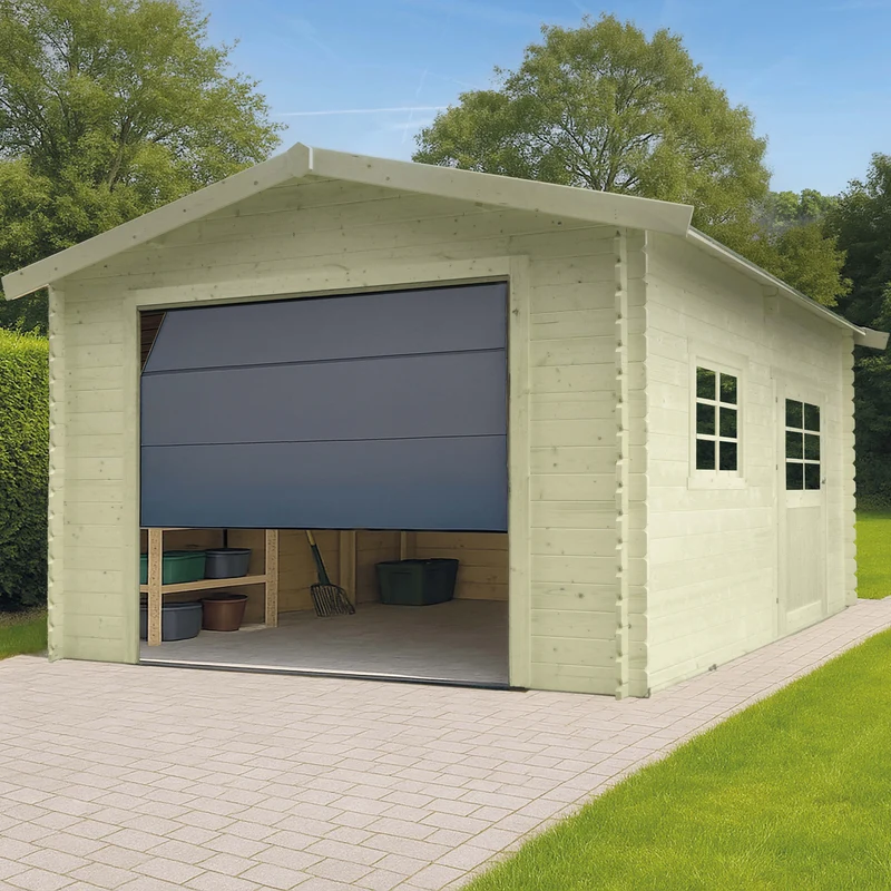 Garage en bois 16 m² – Porte motorisée – Sapin du Nord 28 mm – Toit double pente – Verre trempé – Montage facile - Bois imprégné