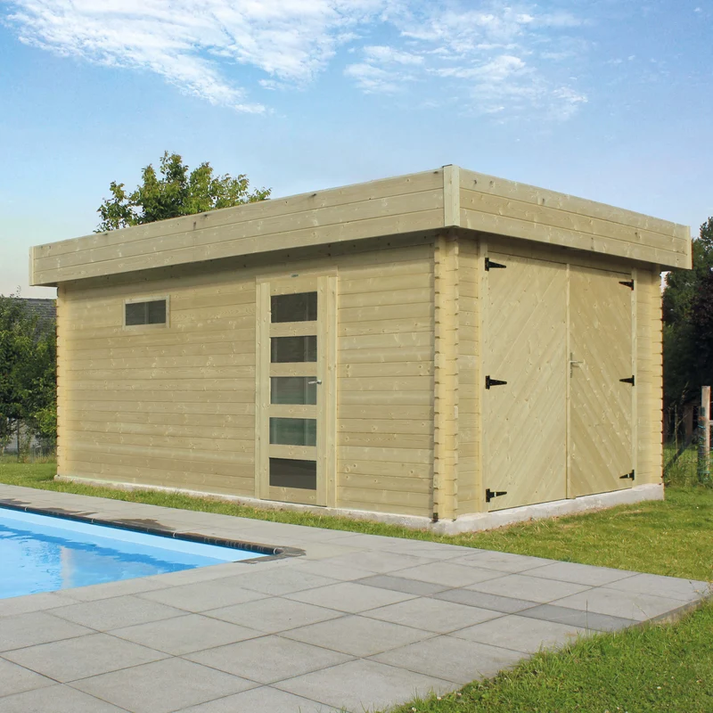 Garage en bois 19 m² – Design moderne – Sapin du Nord 40 mm – Toit plat – Verre trempé – Montage facile - Bois imprégné