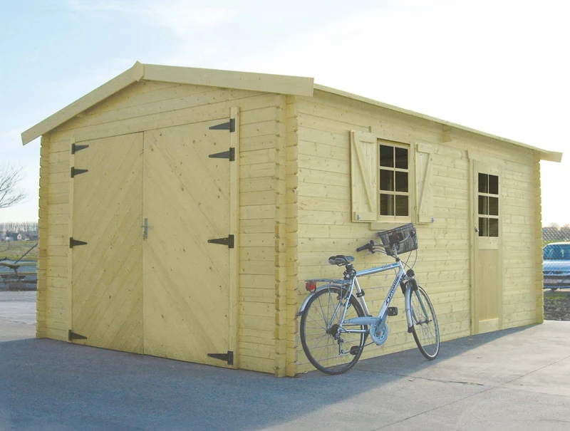 Garage en bois 19 m² – Sapin du Nord 40 mm – Toit double pente – Porte vitrée et volets – Montage facile - Bois imprégné