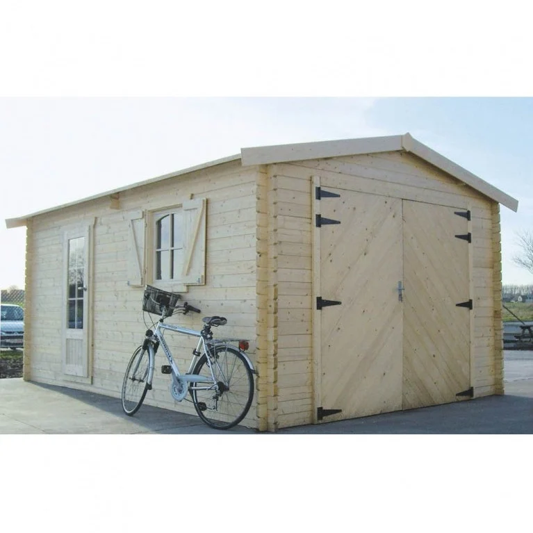 Garage en bois 19 m² – Sapin du Nord 40 mm – Toit double pente – Porte vitrée et volets – Montage facile - Bois imprégné