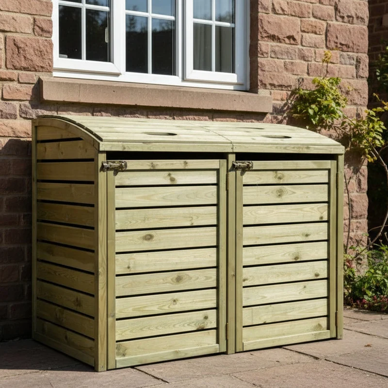 Cache-poubelles double en bois traité – pin naturel – 1,45 x 0,95 x 1,2 m