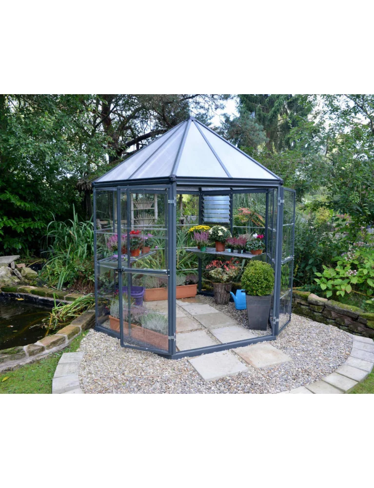 Serre de jardin hexagonale Oasis 2,47 x 2,13 m grise - aluminium - fenêtre et gouttières