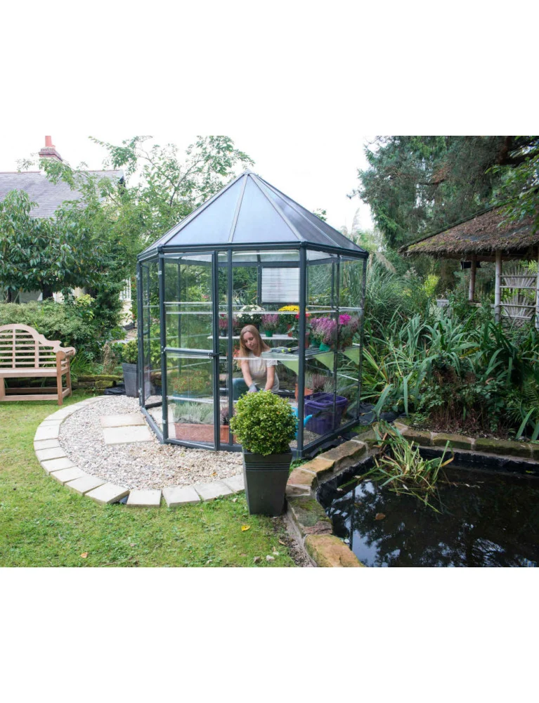 Serre de jardin hexagonale Oasis 2,47 x 2,13 m grise - aluminium - fenêtre et gouttières