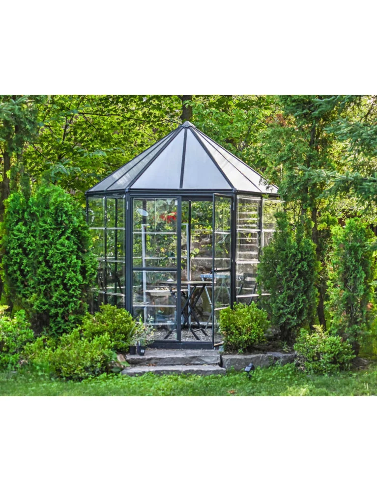 Serre de jardin hexagonale Oasis 2,47 x 2,13 m grise - aluminium - fenêtre et gouttières