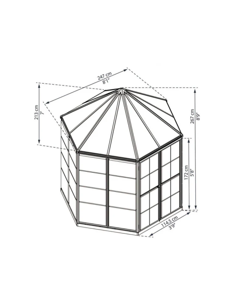 Serre de jardin hexagonale Oasis 2,47 x 2,13 m grise - aluminium - fenêtre et gouttières