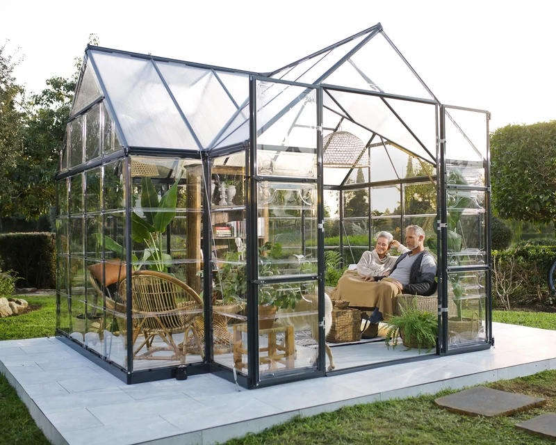 Serre / chalet de jardin Victory Orangery 3,65 x 3,05 m gris - fenêtres et gouttières