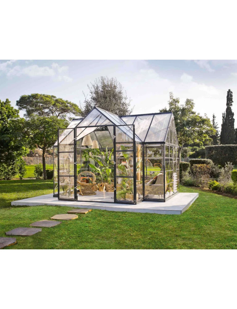 Serre / chalet de jardin Victory Orangery 3,65 x 3,05 m gris - fenêtres et gouttières