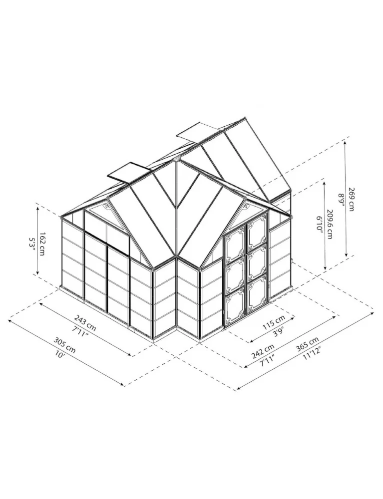 Serre / chalet de jardin Victory Orangery 3,65 x 3,05 m gris - fenêtres et gouttières