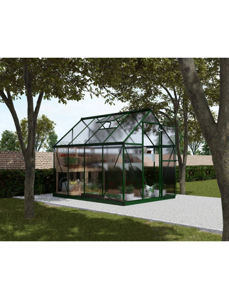Serre de jardin Mythos 1,85 x 2,46 m verte – aluminium – fenêtres de toit & Gouttières