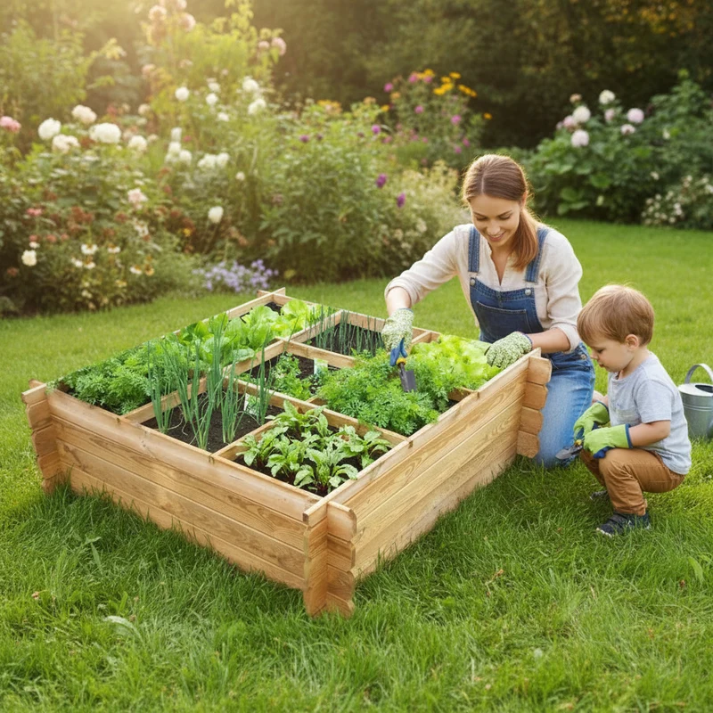 Carré potager en bois avec croisillons et géotextile - 1,4 x 1,4 x 0,4 m - traité autoclave