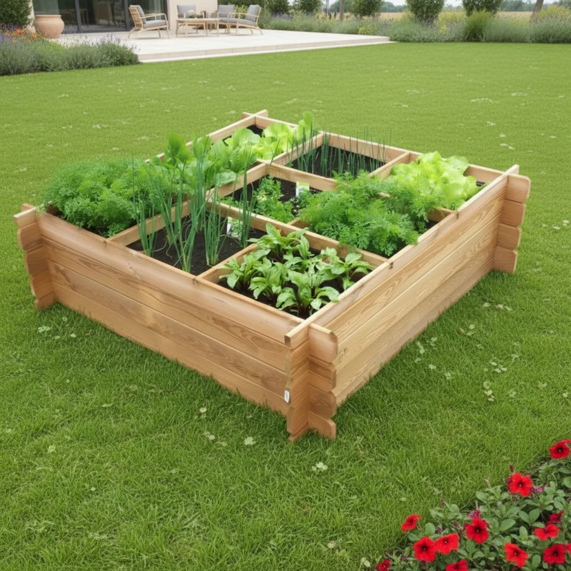 Carré potager en bois avec croisillons et géotextile - 1,4 x 1,4 x 0,4 m - traité autoclave