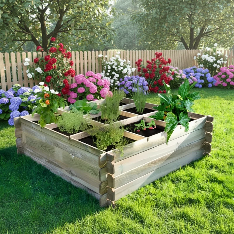 Carré potager en bois avec croisillons et géotextile - 1,4 x 1,4 x 0,4 m - traité autoclave