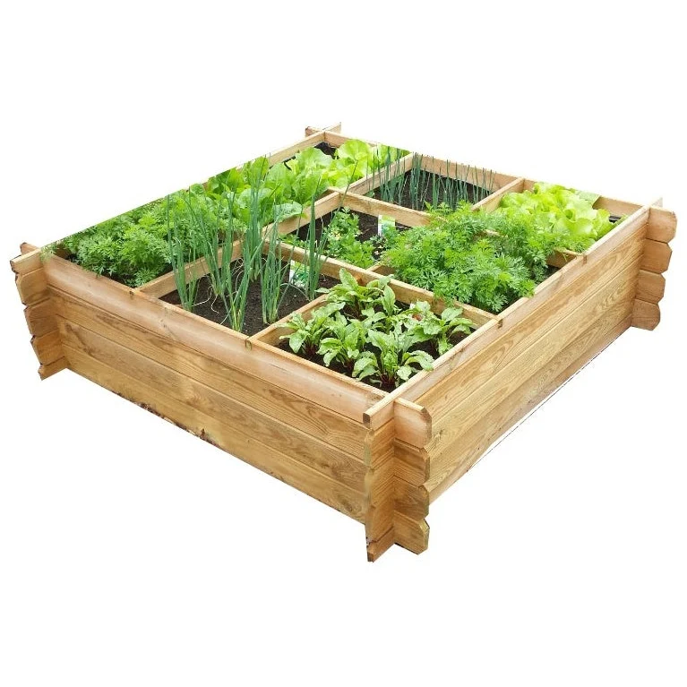 Carré potager en bois avec croisillons et géotextile - 1,4 x 1,4 x 0,4 m - traité autoclave