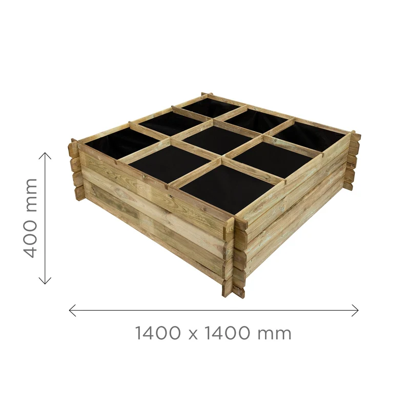 Carré potager en bois avec croisillons et géotextile - 1,4 x 1,4 x 0,4 m - traité autoclave