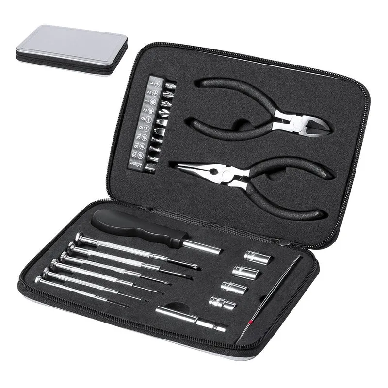 Ensemble d’outils de 25 accessoires dans un boîtier en aluminium résistant avec découpe intérieure en EVA AMBERY