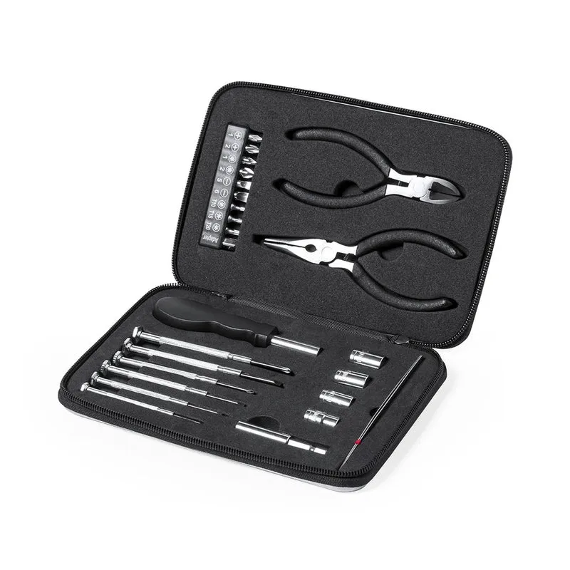 Ensemble d’outils de 25 accessoires dans un boîtier en aluminium résistant avec découpe intérieure en EVA AMBERY