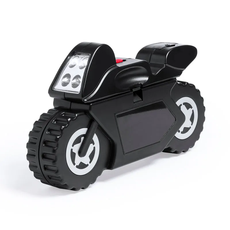 Set d´outils avec 14 accessoires dans un étui robuste en forme de moto avec une lampe à 4 LED intégrée MOSTIK