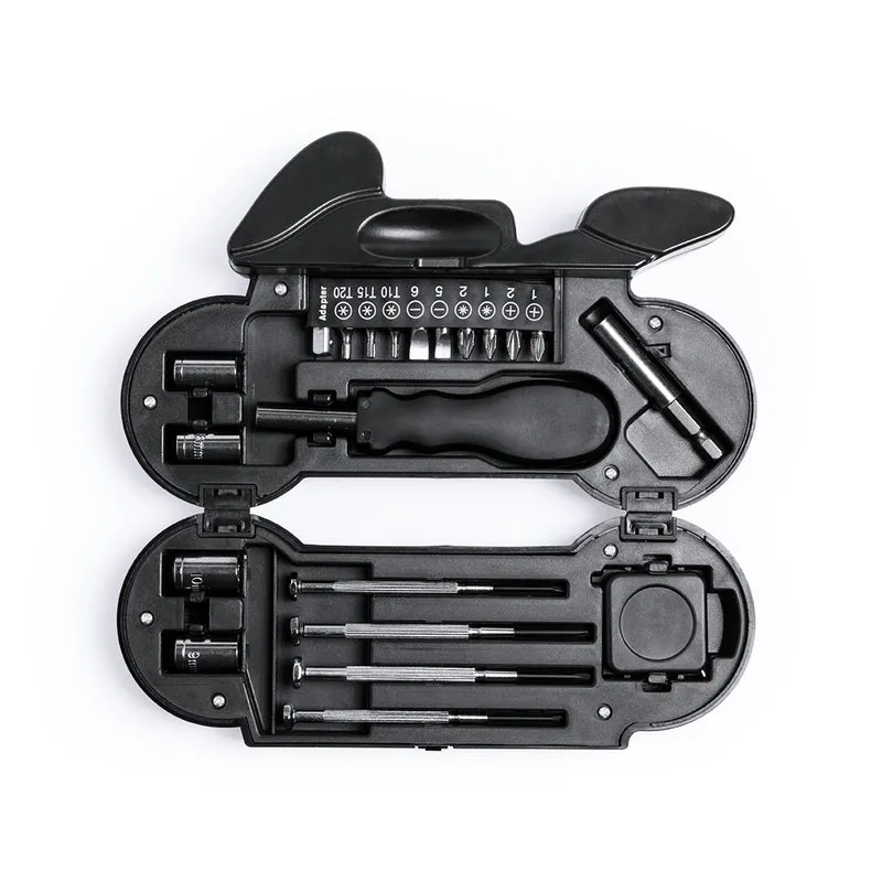 Set d´outils avec 14 accessoires dans un étui robuste en forme de moto avec une lampe à 4 LED intégrée MOSTIK