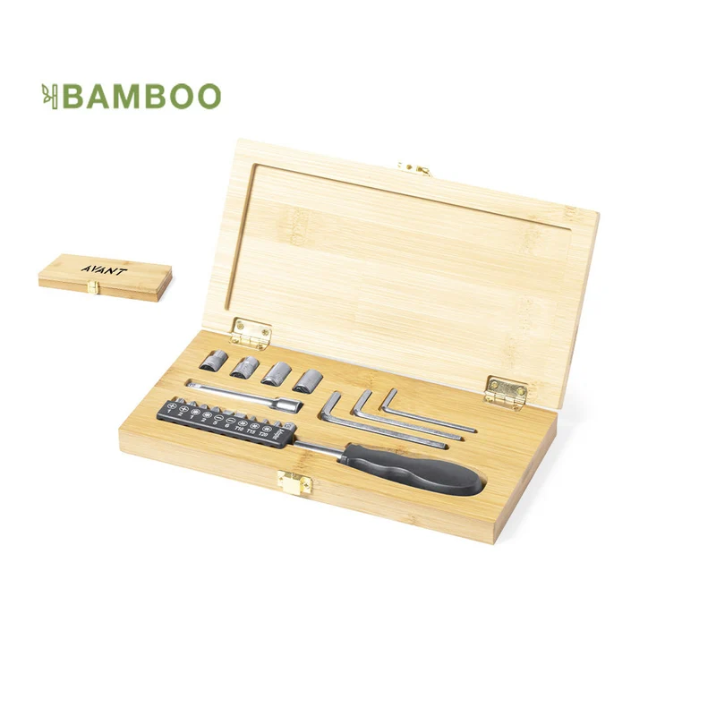 Ensemble d'outils présenté dans une boîte en bambou résistante avec fermeture en métal RAYLOK