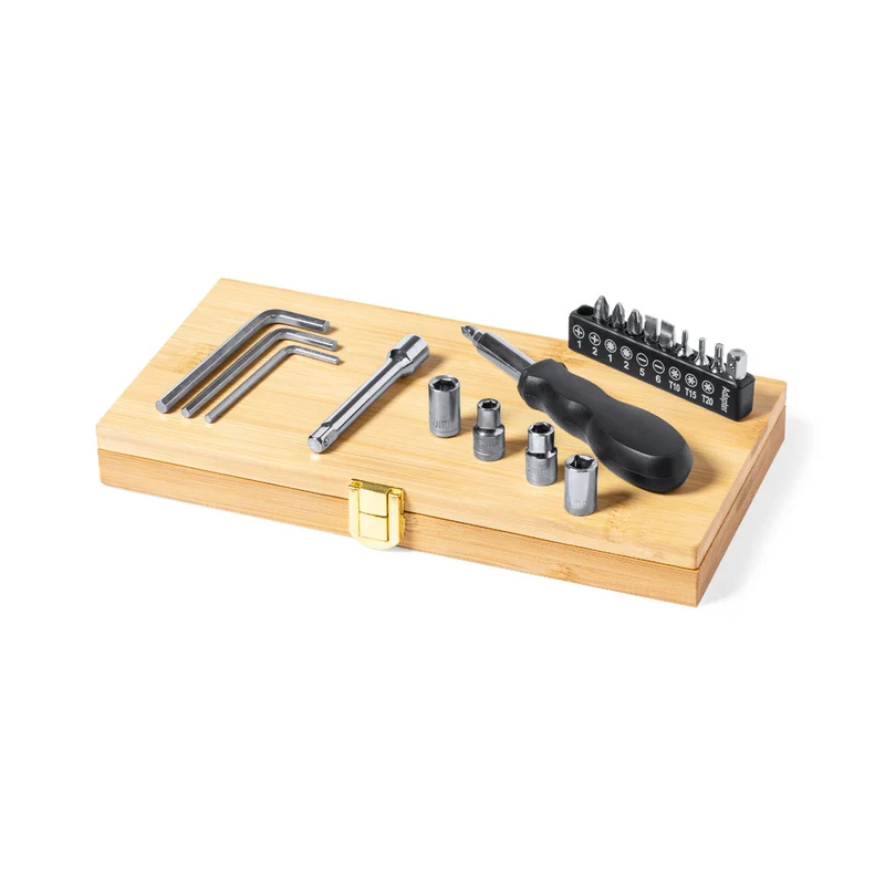 Ensemble d'outils présenté dans une boîte en bambou résistante avec fermeture en métal RAYLOK
