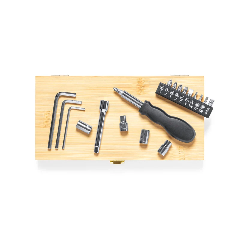 Ensemble d'outils présenté dans une boîte en bambou résistante avec fermeture en métal RAYLOK