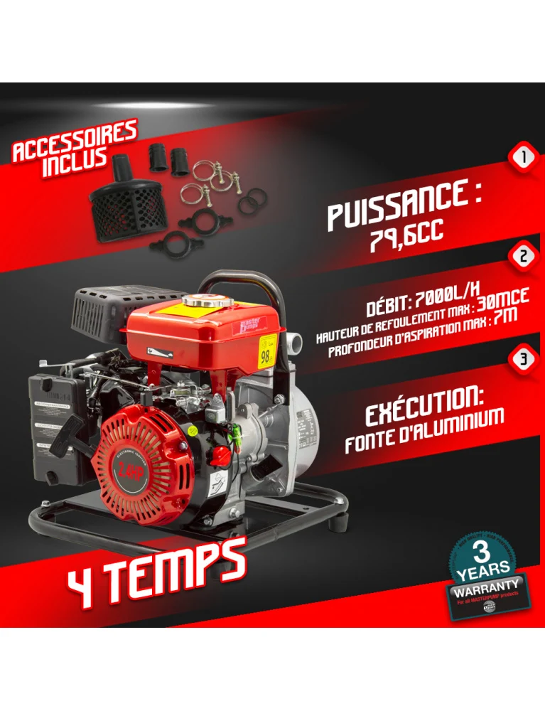Pompe à eau thermique eaux claires - 4 temps- 79.6 cm³- 7000L/h