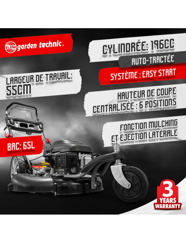Tondeuse thermique autotractée 3 roues 196cc - 55cm - 6 positions- éjection latérale et mulching