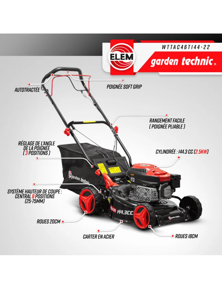 Tondeuse thermique autotractée 144.3 cc - 46 cm - bac de 60 L