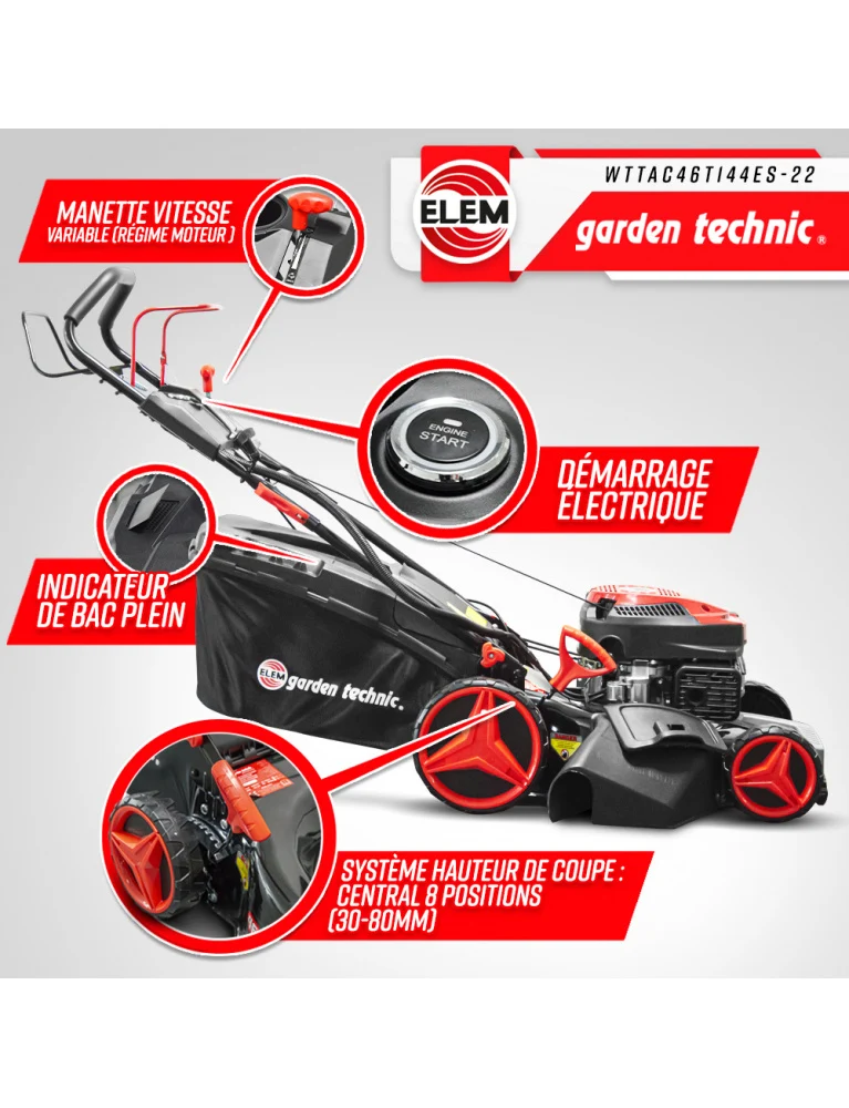 Tondeuse thermique autotractée 144.3cc - 46 cm - avec démarrage électrique - éjection latérale et mulching