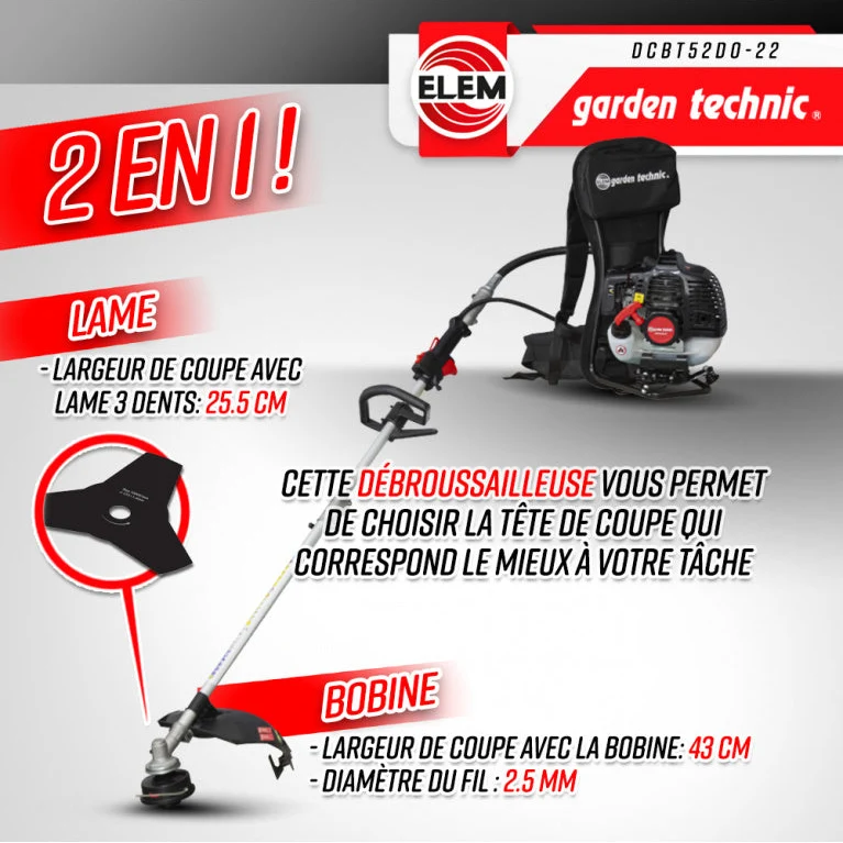 Débroussailleuse thermique dorsale 52 CM³ - 1 lame + 1 tête double-fil