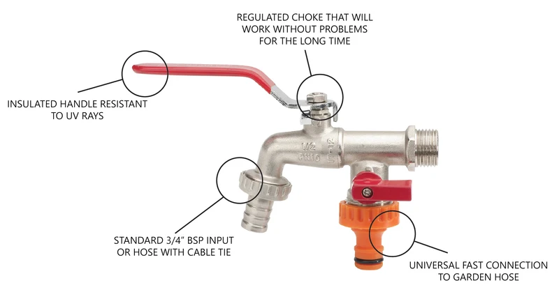 Double Duo Outlet Garden Tap Ball Valve Faucet Red Handle 1/2" x 3/4" x 3/4" BSP
