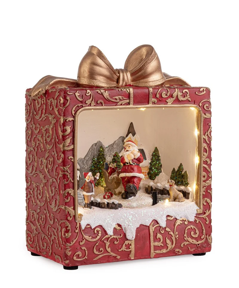 Decorazione Natalizia Pacco Regalo con Babbo Natale e LED 19,5x12x24h Rosso Oro Christmas