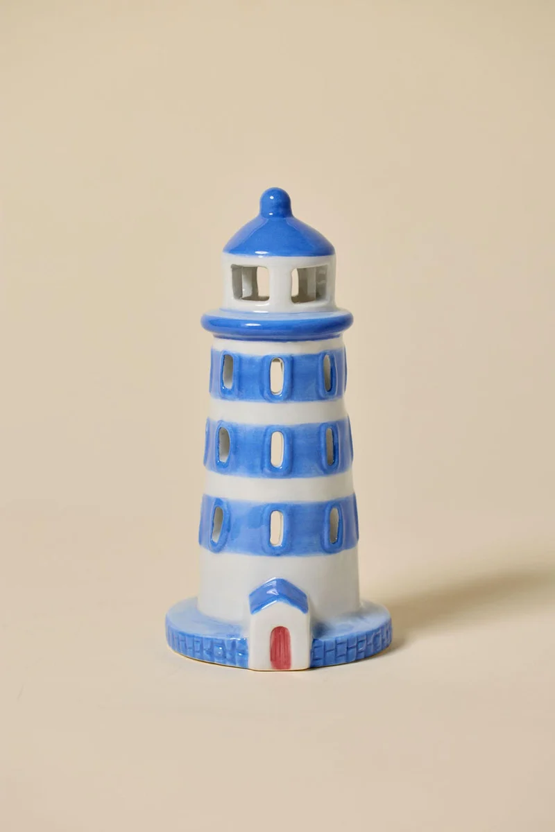 Faro Porta Incenso e Tea Light Casa in Ceramica Blu Bianco Paddywax