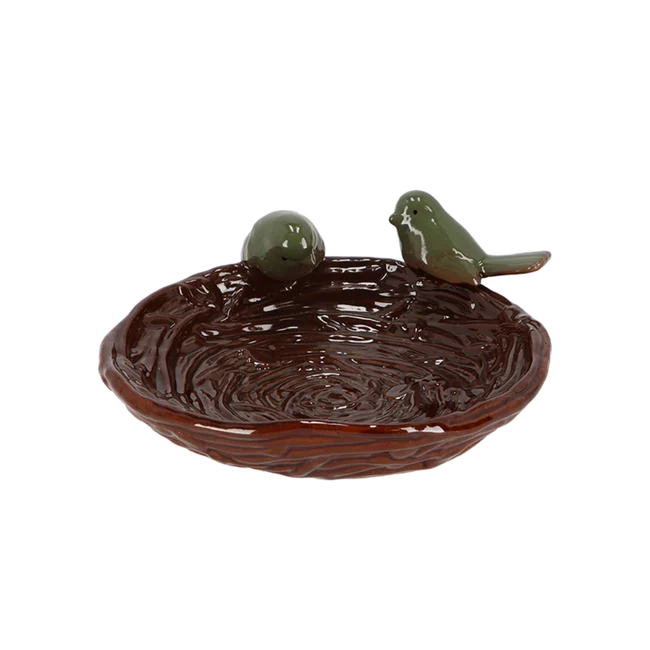 BAGNETTO IN CERAMICA A FORMA DI NIDO CON UCCELLINI