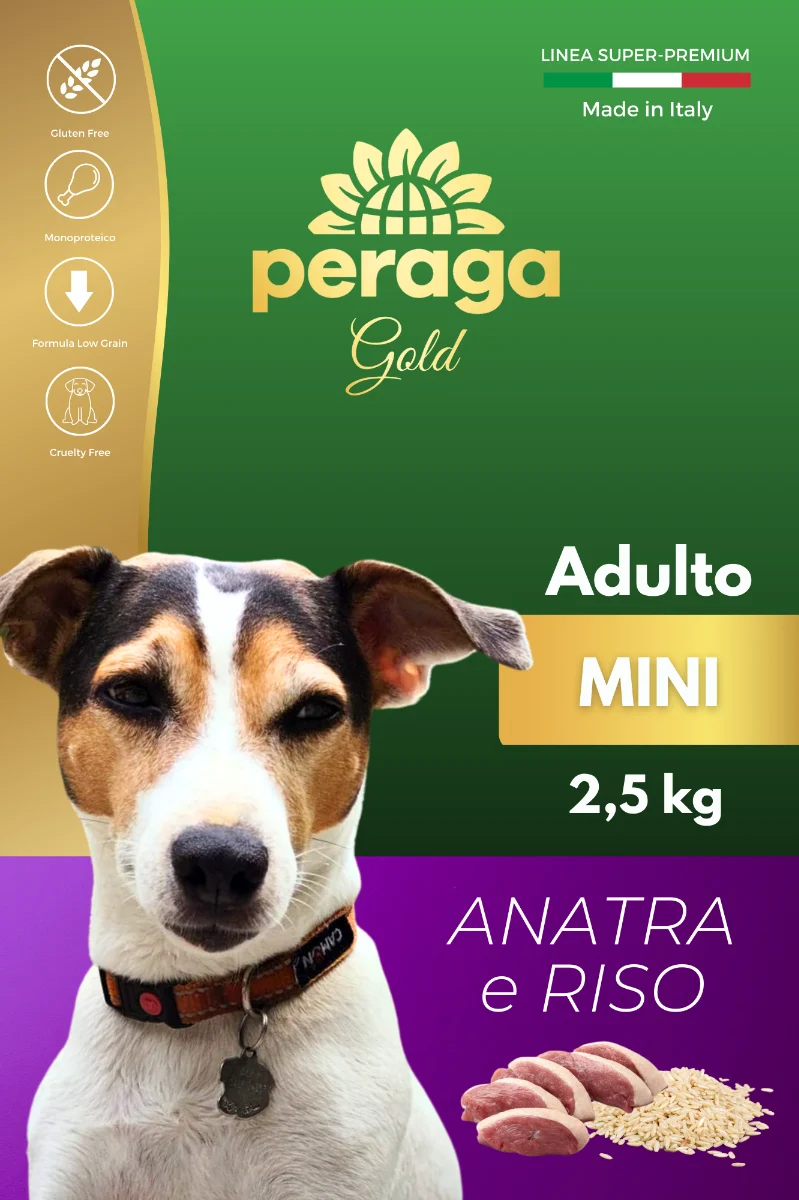 CROCCHETTE PERAGA LINEA GOLD - CANE ADULTO ANATRA E RISO MINI 2,5 KG