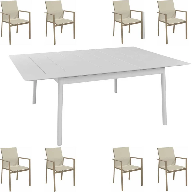 OFFERTA TAVOLO DUBLINO ALLUNGABILE 140/200X140 BIANCO +8 POLTRONE DELIA SABBIA