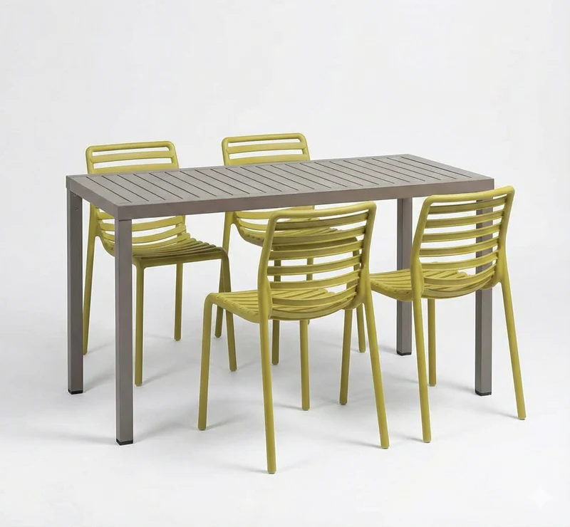 OFFERTA TAVOLO CUBE 120X70 TORTORA +4 SEDIE DOGA GIALLO PERA
